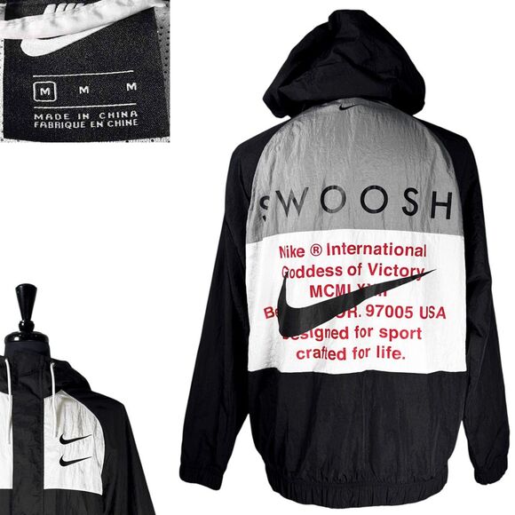 Vintage 90s Nike Double Swoosh Windbreaker Jacket Black Hooded Spell Out Medium - Picture 1 of 10